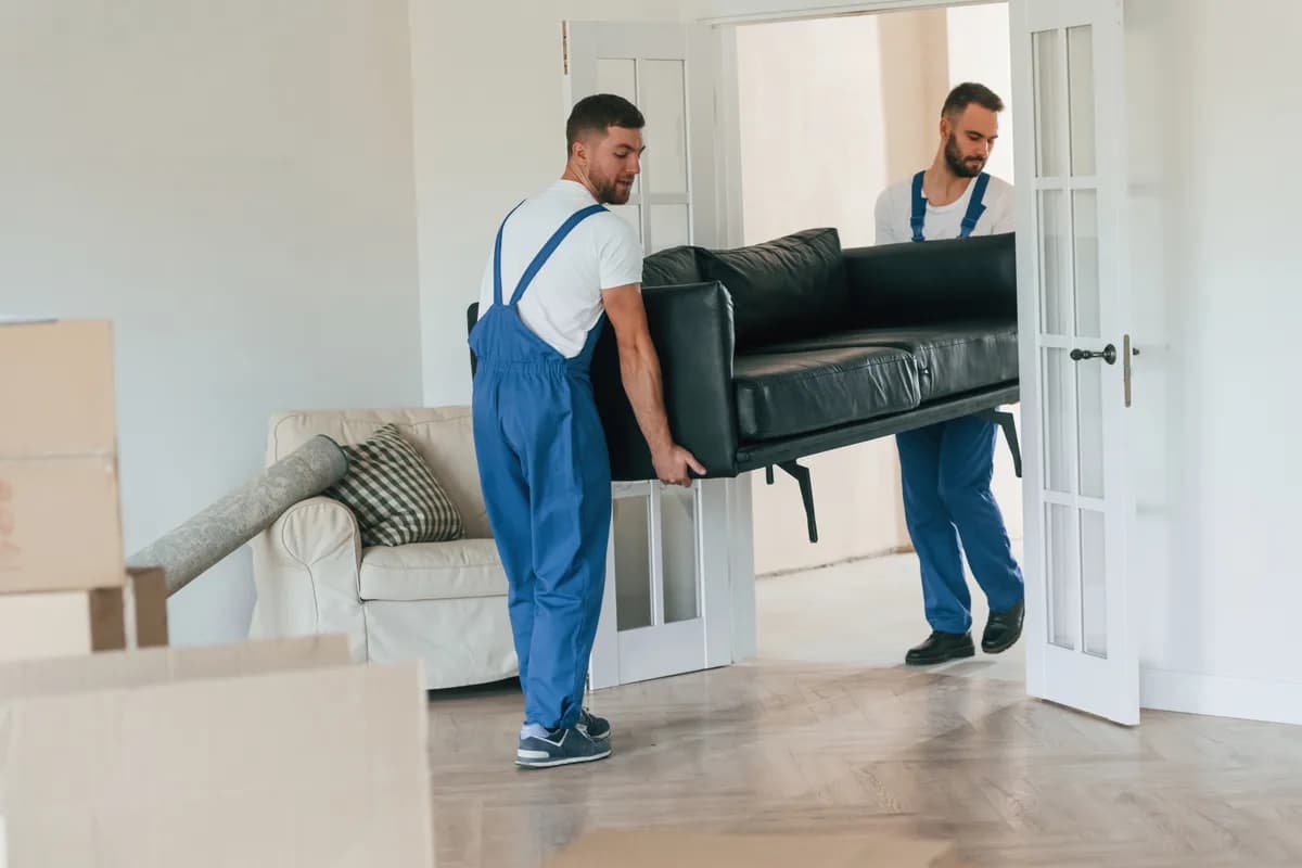 Two movers carrying a sofa through a front door
