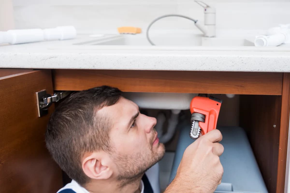 Plumber tightening a pipe fitting under a kitchen sink